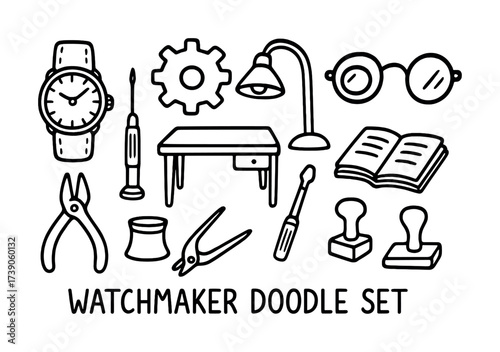 Watchmaker doodle set: clock, tools, desk, glasses, lamp, open book, stamps