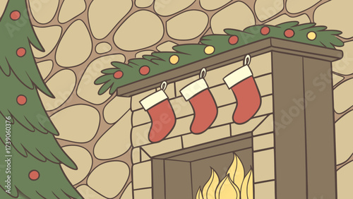 Cozy christmas fireplace with stockings hanging above the warm fire and a decorated tree nearby background