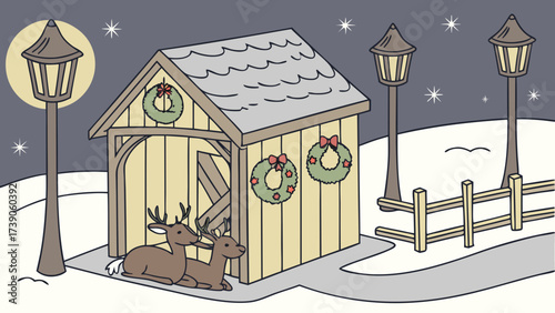 Winter wonderland scene with a small wooden shed adorned with christmas wreaths and two deer background