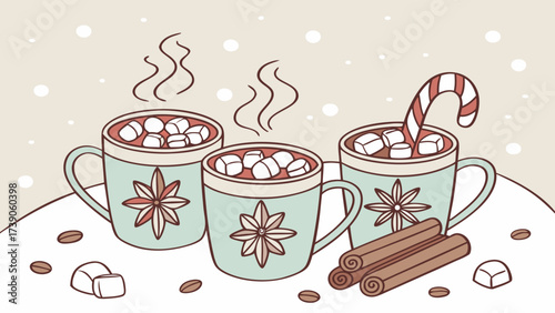 Cozy winter scene with three steaming mugs of hot chocolate topped with marshmallows and candy cane background