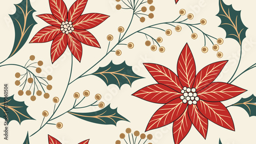 Seamless pattern of red poinsettias, green holly leaves, and berries on a cream background background