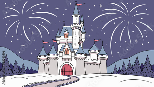 Fairytale castle with fireworks in a snowy landscape at night background