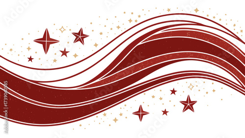 Abstract red wavy lines with sparkling stars and dots on a background