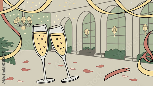 Two glasses of champagne in a ballroom with ribbons and rose petals background