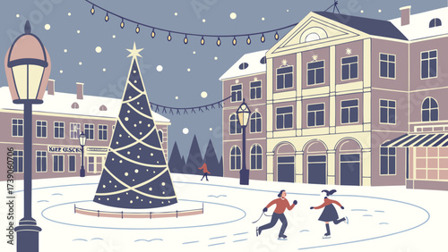 Charming winter town square scene with a christmas tree and people ice skating at night background
