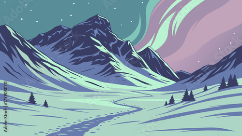 Majestic snowcapped mountains under a vibrant aurora borealis sky background