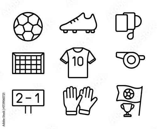 Soccer equipment icons: ball, cleats, whistle, goal, jersey, scoreboard, gloves, flag, trophy