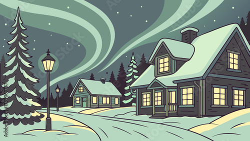 Cozy winter village scene with aurora borealis illuminating the night sky above houses background