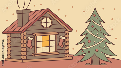 Charming log cabin decorated for christmas with a festive tree nearby background