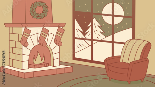 Cozy living room with a roaring fireplace, christmas stockings, and a snowy window view background