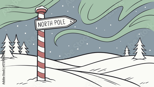 North pole signpost in a snowy landscape with aurora borealis and pine trees background