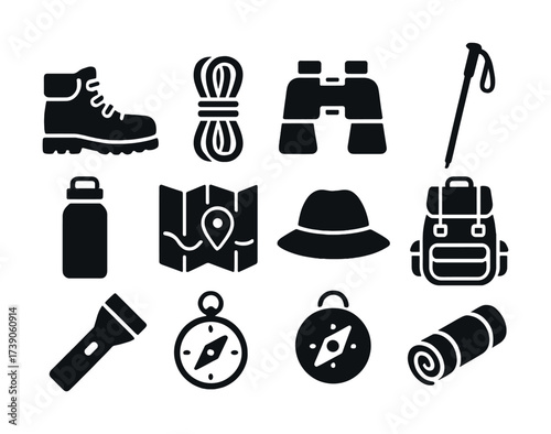 Outdoor adventure gear icons: boots, backpack, binoculars, compass, map, hat, hiking essentials
