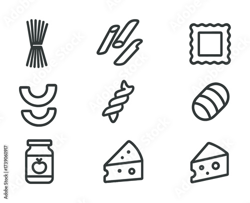 Assorted pasta and cheese icons with tomato sauce jar in simple design