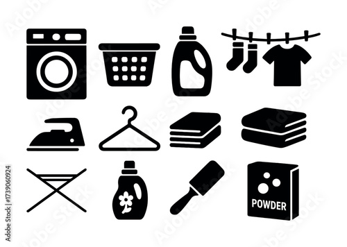Laundry symbols: washing machine, detergent, clothing icons collection