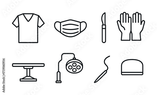 Vector icons of surgical attire and instruments including mask and scalpel