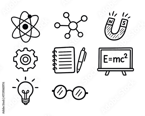 Science icons collection: atom, molecule, magnet, gear, notebook, equation, lightbulb, glasses
