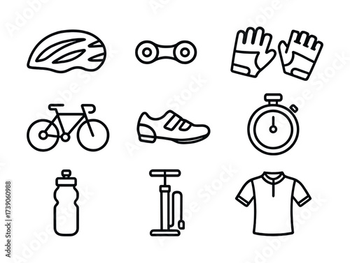 Cycling gear line icons: helmet, gloves, bicycle, stopwatch, water bottle, pump, jersey