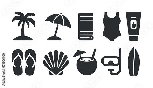 Beach vacation essentials icons: umbrella, flip flops, snorkel, surfboard
