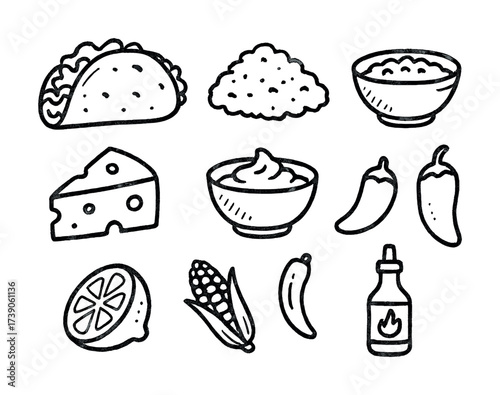 Hand-drawn mexican cuisine elements: tacos, cheese, chili peppers, lime, corn, hot sauce