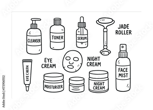 Skincare routine essentials: cleanser, toner, serum, and more in black and white illustration