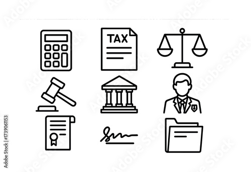 Legal and financial icons: calculator, tax document, scales, gavel, courthouse, lawyer, certificate, signature, folder
