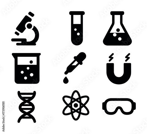 Science icon set featuring microscope, beakers, dna strand, atom, and magnet