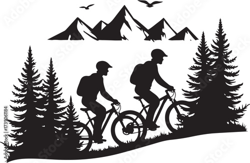 Two mountain bikers riding through pine forest with mountains