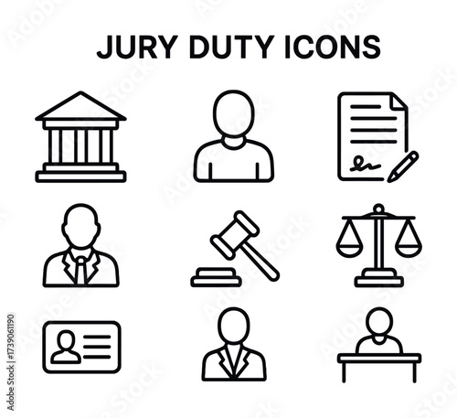 Jury duty icons set: court, people, document, judge, scales, id, male, female, adult