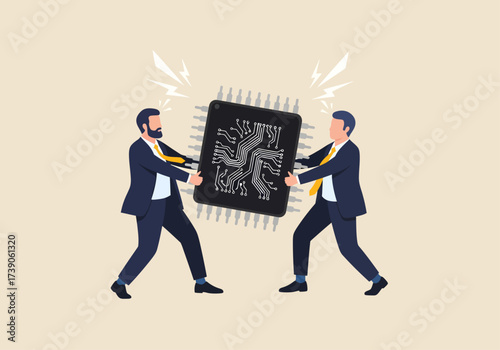 Two determined businessmen engage in a tug-of-war over a large microchip, symbolizing a struggle for technological dominance.