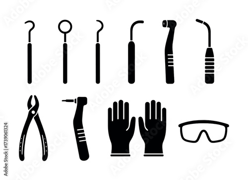 Set of dental tools and safety equipment for dental procedures