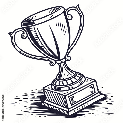 A hand drawn sketch of a classic trophy cup with handles on a pedestal base with a blank plaque for engraving