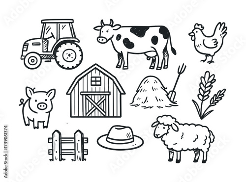 Farmyard scene with tractor, barn, and animals in black and white line art