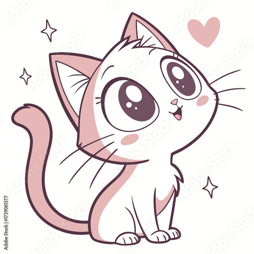 Adorable cartoon white and pink kitten with big eyes and a heart symbol floating above its head