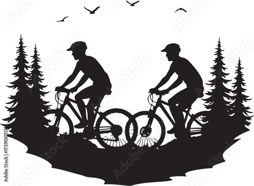 Two mountain bikers silhouetted against white background with trees and birds