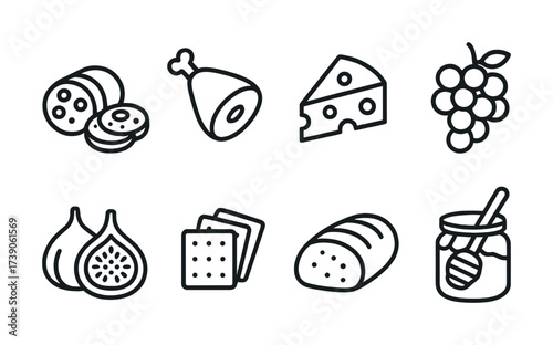 Outline icons of cheese, meat, bread, crackers, figs, grapes, and honey jar
