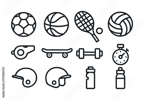 Sports equipment icons: soccer, basketball, tennis, volleyball, whistle, skateboard, dumbbell, stopwatch, helmets, water bottles