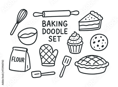 Baking doodle set with whisk, rolling pin, pie, cupcake, cookie, and oven mitt