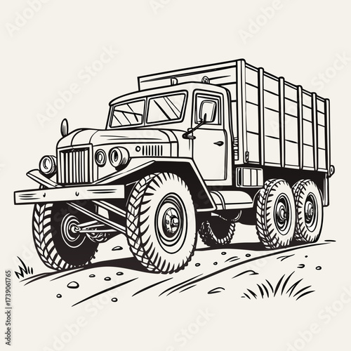 Vintage military truck with large tires and cargo bed depicted in a bold black and white line art illustration style