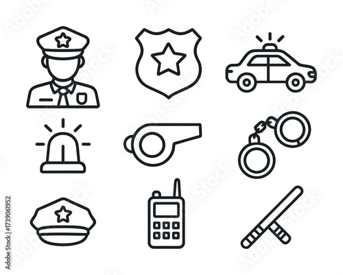 Police icon set: officer, badge, patrol car, handcuffs, whistle, radio, baton