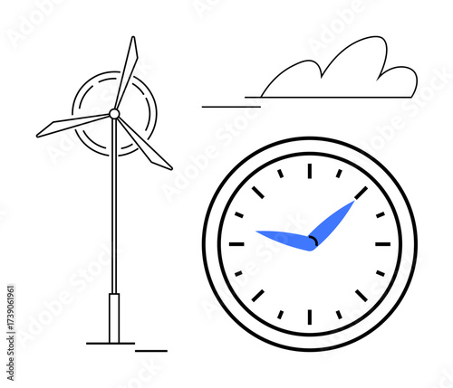 Wind turbine, analog clock with blue hands, and abstract cloud line art. Ideal for sustainability, clean energy, time efficiency, renewable resources, eco-awareness, minimalism simple flat metaphor