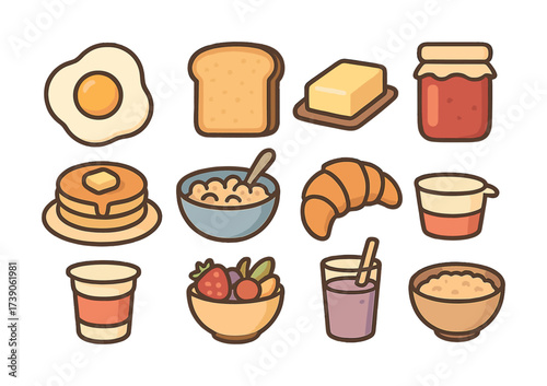 Cute breakfast icons set: eggs, toast, jam, pancakes, and more