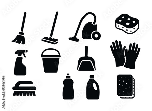Collection of cleaning tools icons: broom, mop, vacuum, sponge, gloves, spray, bucket