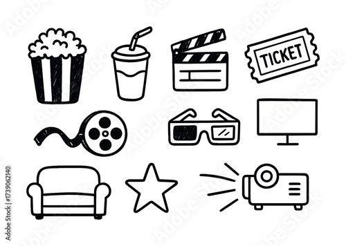 Cinema icons: popcorn, drink, clapperboard, ticket, reel, glasses, screen, couch, star, projector