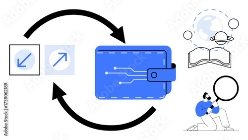 Technological wallet with arrows representing transaction flow, magnifier exploring digital systems, and global book symbol. Ideal for finance, e-learning, innovation, research, technology