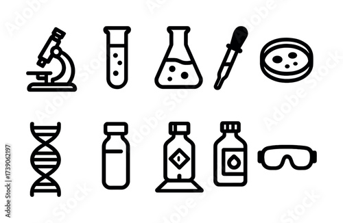 Science lab icons: microscope, test tubes, dna, safety goggles, and more