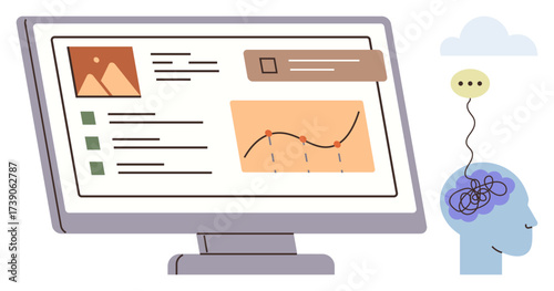 Computer monitor displaying a data chart, image, and text. Blue head with tangled line thought balloon. Ideal for analytics, technology, brainstorming, education, creativity problem-solving flat