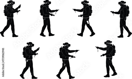 Virtual reality silhouettes, VR headset users, immersive gaming artwork, simulation training