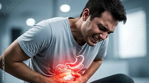 Man's severe stomach pain visualized as acid burning intestines, healthcare concept