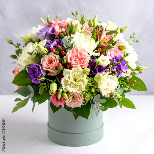 Pastel-colored flowers in a light-gray box