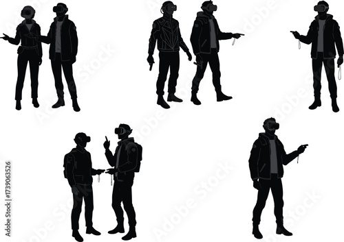 Virtual reality silhouettes, VR social interaction illustration, immersive communication artwork,